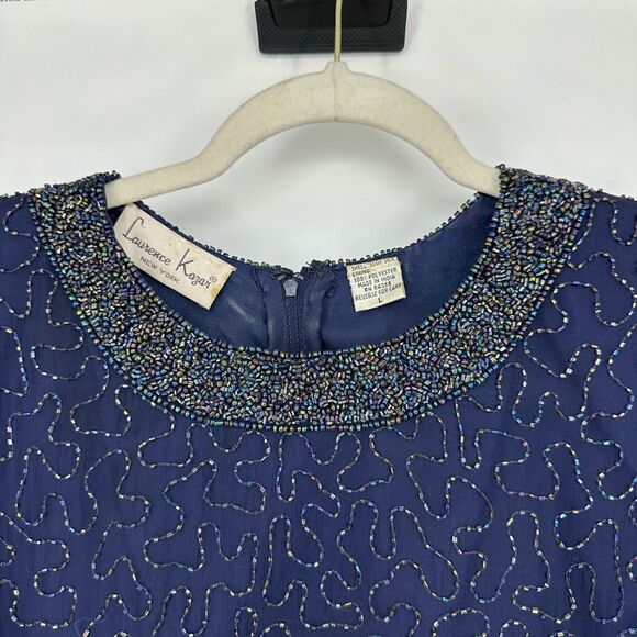 Vintage Laurence Kazar Silk All Over Beaded Mini Dress Size L Navy Cocktail - Picture 9 of 13